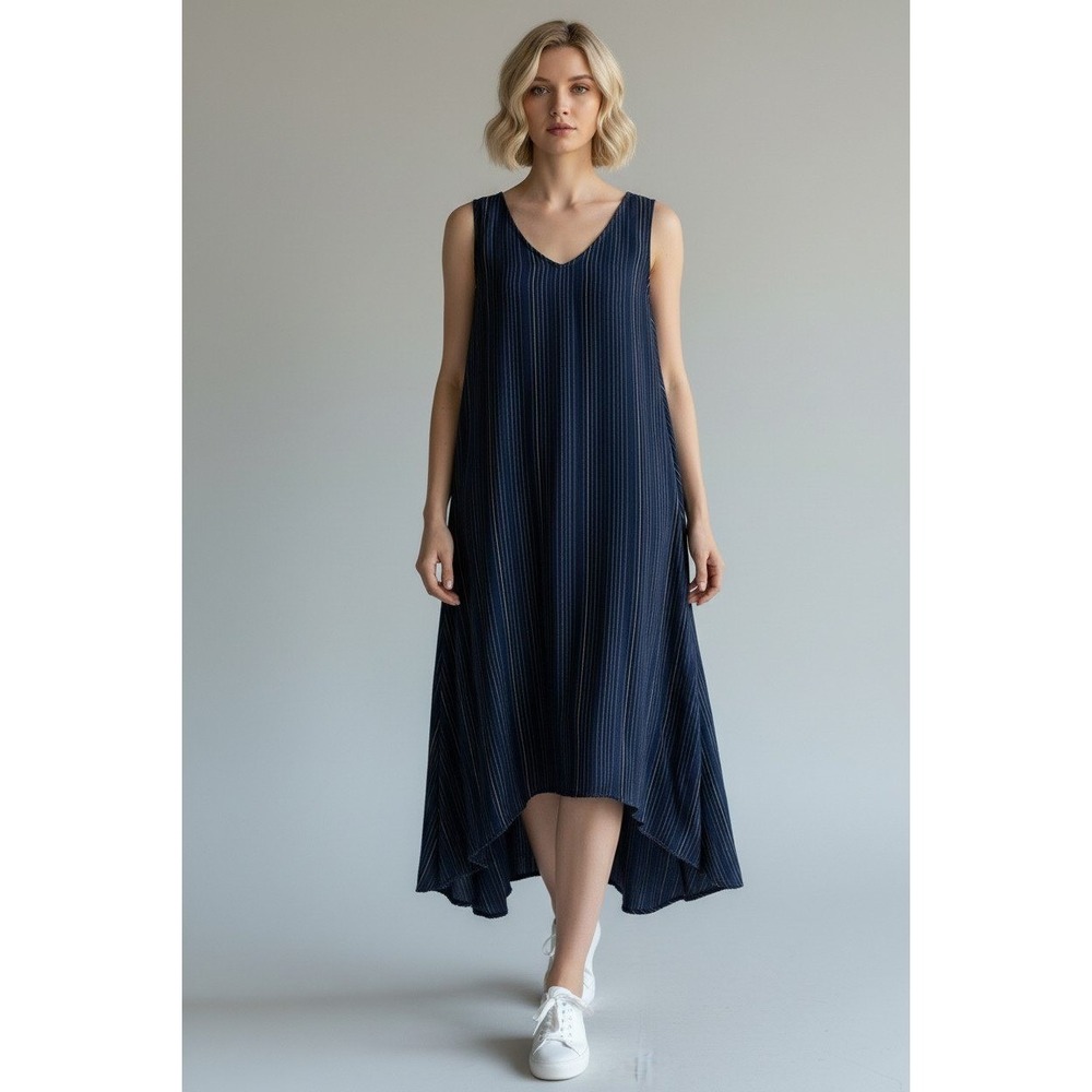 J. JILL Midi Dress Womens M Blue Striped Linen‎ Sleeveless High Low Boho Summer